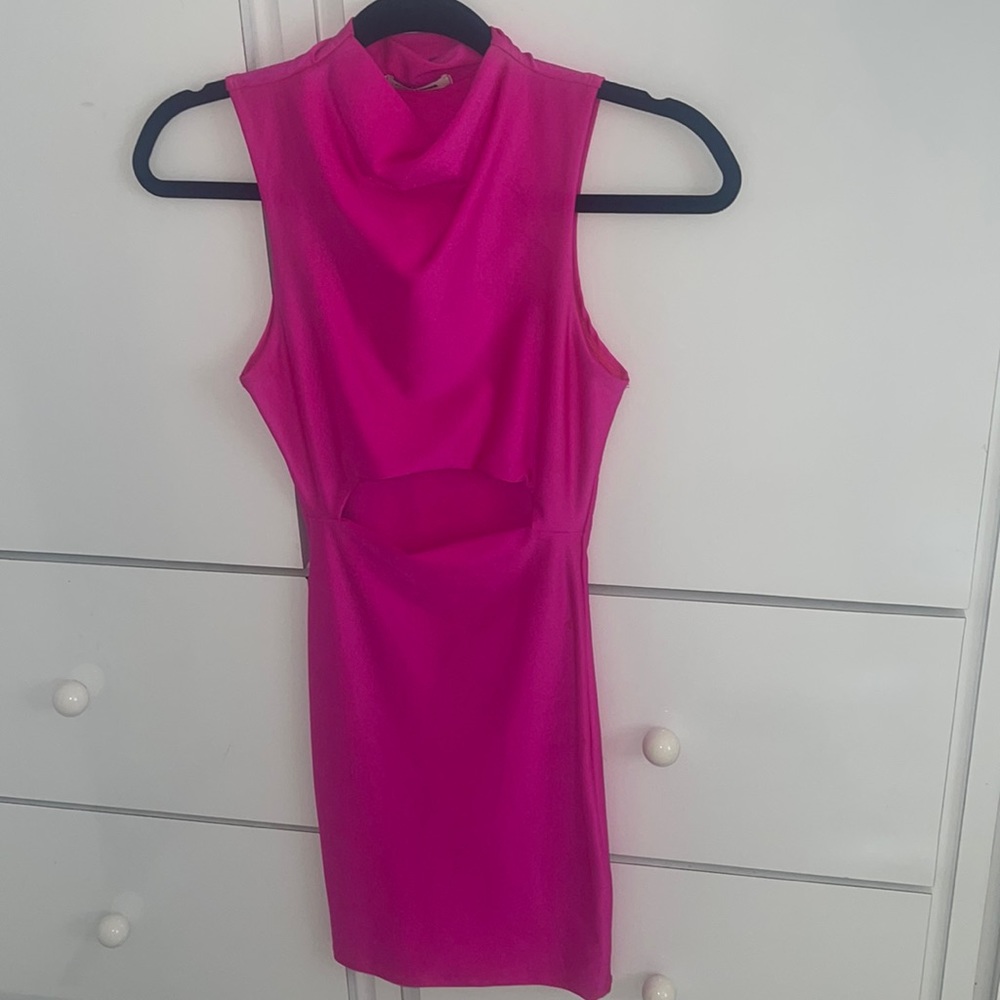 Hot pink mini dress.